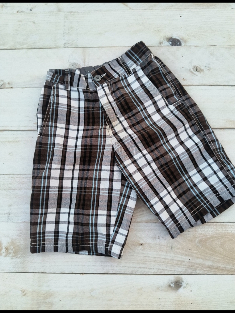 Roadblock Boys Plaid Cargo Shorts Elastic Waist Brown Bottoms Size 5 Relaxed Fit